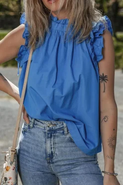 Clearance Dear-Lover Frilled Neck Ruffled Armholes Buttoned Back Tank Top Sky Blue