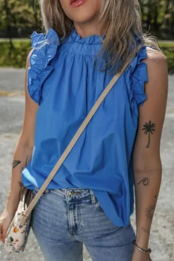 Clearance Dear-Lover Frilled Neck Ruffled Armholes Buttoned Back Tank Top Sky Blue