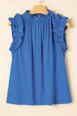 Clearance Dear-Lover Frilled Neck Ruffled Armholes Buttoned Back Tank Top Sky Blue