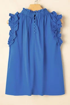 Clearance Dear-Lover Frilled Neck Ruffled Armholes Buttoned Back Tank Top Sky Blue