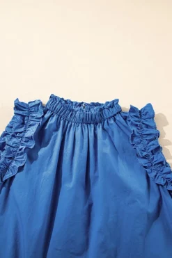 Clearance Dear-Lover Frilled Neck Ruffled Armholes Buttoned Back Tank Top Sky Blue