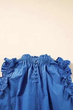 Clearance Dear-Lover Frilled Neck Ruffled Armholes Buttoned Back Tank Top Sky Blue