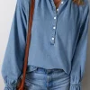 Sale Dear-Lover Frilled Raw Hem Half Buttoned Denim Top Sky Blue