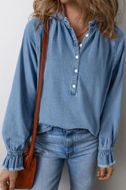 Sale Dear-Lover Frilled Raw Hem Half Buttoned Denim Top Sky Blue