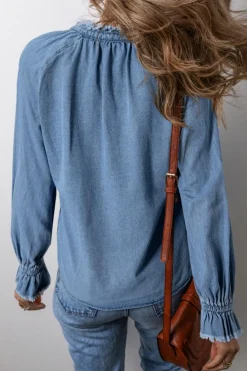 Sale Dear-Lover Frilled Raw Hem Half Buttoned Denim Top Sky Blue