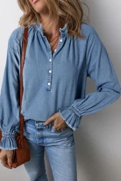 Sale Dear-Lover Frilled Raw Hem Half Buttoned Denim Top Sky Blue