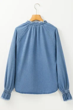Sale Dear-Lover Frilled Raw Hem Half Buttoned Denim Top Sky Blue