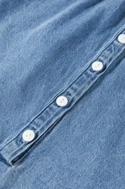 Sale Dear-Lover Frilled Raw Hem Half Buttoned Denim Top Sky Blue