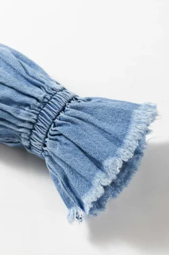 Sale Dear-Lover Frilled Raw Hem Half Buttoned Denim Top Sky Blue