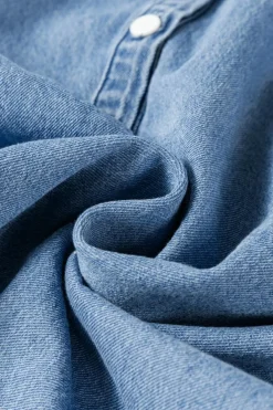 Sale Dear-Lover Frilled Raw Hem Half Buttoned Denim Top Sky Blue