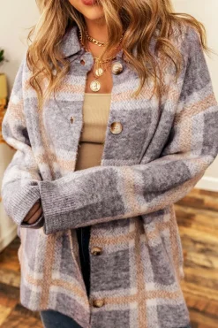 New Dear-Lover Fuzzy Plaid Collared Button Up Cardigan Sky Blue
