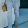 Fashion Dear-Lover Gather Round Distressed Pocketed Denim Jogger Sky Blue