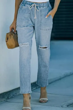 Fashion Dear-Lover Gather Round Distressed Pocketed Denim Jogger Sky Blue