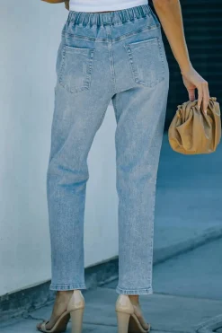 Fashion Dear-Lover Gather Round Distressed Pocketed Denim Jogger Sky Blue