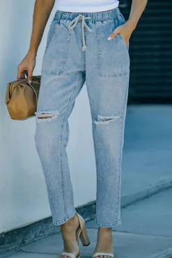Fashion Dear-Lover Gather Round Distressed Pocketed Denim Jogger Sky Blue