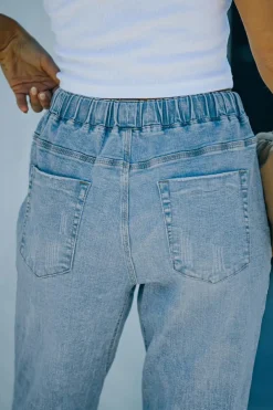 Fashion Dear-Lover Gather Round Distressed Pocketed Denim Jogger Sky Blue