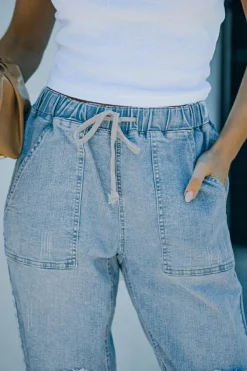 Fashion Dear-Lover Gather Round Distressed Pocketed Denim Jogger Sky Blue
