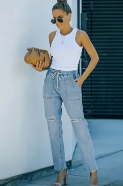 Fashion Dear-Lover Gather Round Distressed Pocketed Denim Jogger Sky Blue