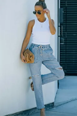 Fashion Dear-Lover Gather Round Distressed Pocketed Denim Jogger Sky Blue