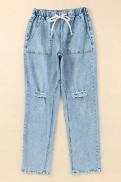 Fashion Dear-Lover Gather Round Distressed Pocketed Denim Jogger Sky Blue