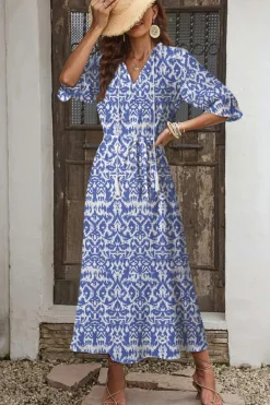 Fashion Dear-Lover Geometric Print V Neck Casual Long Dress Sky Blue