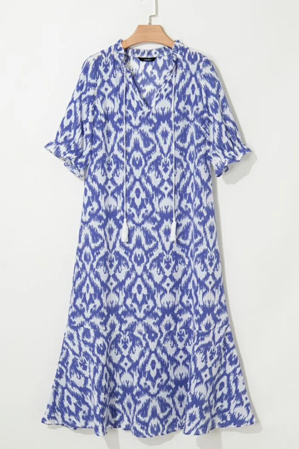 Fashion Dear-Lover Geometric Print V Neck Casual Long Dress Sky Blue