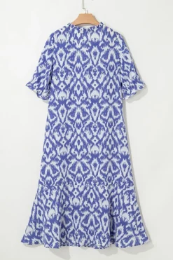 Fashion Dear-Lover Geometric Print V Neck Casual Long Dress Sky Blue