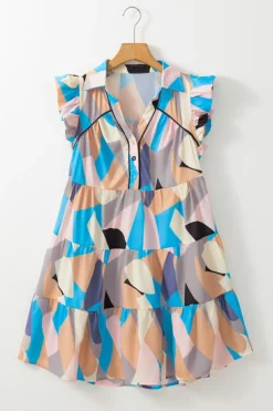 New Dear-Lover Geometric Print Ruffled Cap Sleeve Collared Mini Dress Sky Blue