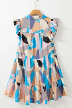 New Dear-Lover Geometric Print Ruffled Cap Sleeve Collared Mini Dress Sky Blue
