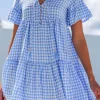 New Dear-Lover Gingham Short Sleeve Button Tie Split Neck Loose Mini Dress Sky Blue
