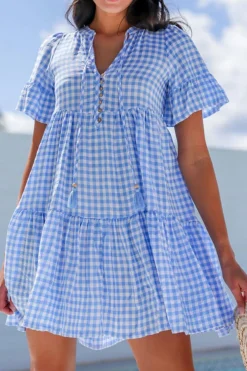 New Dear-Lover Gingham Short Sleeve Button Tie Split Neck Loose Mini Dress Sky Blue