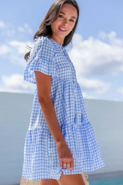 New Dear-Lover Gingham Short Sleeve Button Tie Split Neck Loose Mini Dress Sky Blue