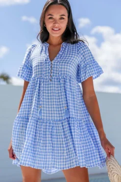 New Dear-Lover Gingham Short Sleeve Button Tie Split Neck Loose Mini Dress Sky Blue
