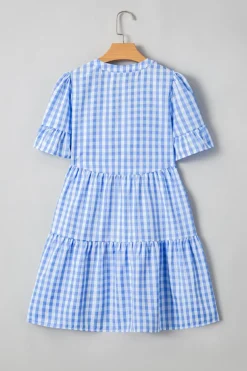 New Dear-Lover Gingham Short Sleeve Button Tie Split Neck Loose Mini Dress Sky Blue