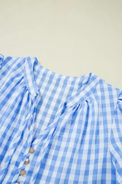 New Dear-Lover Gingham Short Sleeve Button Tie Split Neck Loose Mini Dress Sky Blue
