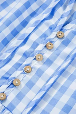 New Dear-Lover Gingham Short Sleeve Button Tie Split Neck Loose Mini Dress Sky Blue