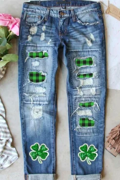 Best Dear-Lover Glitter Clover Patch Plaid Insert Distressed Jeans Sky Blue