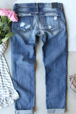 Best Dear-Lover Glitter Clover Patch Plaid Insert Distressed Jeans Sky Blue