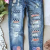 Fashion Dear-Lover Heart-shape American Flag Patch Frayed Jeans Sky Blue