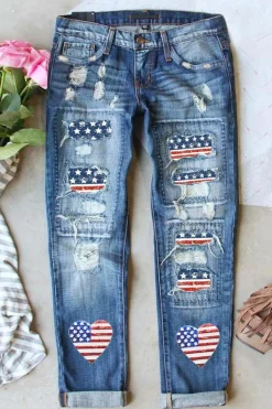 Fashion Dear-Lover Heart-shape American Flag Patch Frayed Jeans Sky Blue