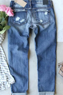 Fashion Dear-Lover Heart-shape American Flag Patch Frayed Jeans Sky Blue