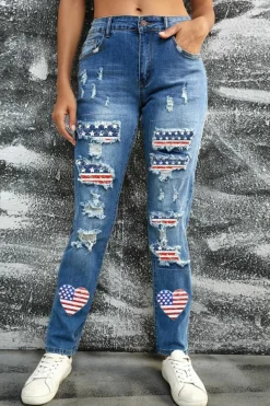 Fashion Dear-Lover Heart-shape American Flag Patch Frayed Jeans Sky Blue