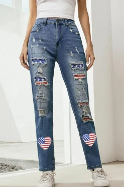Fashion Dear-Lover Heart-shape American Flag Patch Frayed Jeans Sky Blue