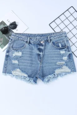 Hot Dear-Lover High Rise Crossover Waist Denim Shorts Sky Blue