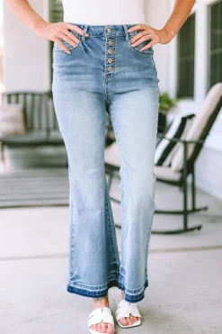 Clearance Dear-Lover High Waist Buttoned Distressed Flared Jeans Sky Blue