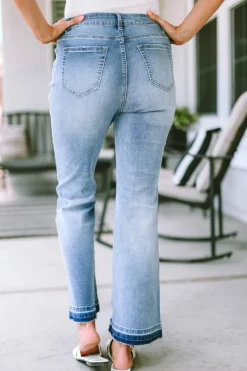 Clearance Dear-Lover High Waist Buttoned Distressed Flared Jeans Sky Blue