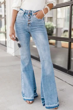 Clearance Dear-Lover High Waist Buttoned Distressed Flared Jeans Sky Blue
