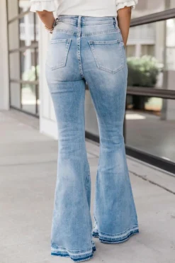 Clearance Dear-Lover High Waist Buttoned Distressed Flared Jeans Sky Blue