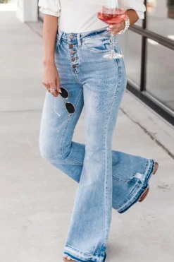 Clearance Dear-Lover High Waist Buttoned Distressed Flared Jeans Sky Blue