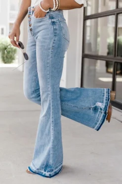 Clearance Dear-Lover High Waist Buttoned Distressed Flared Jeans Sky Blue